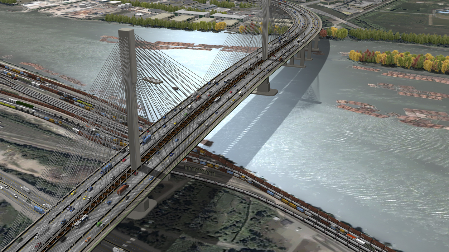 A view of the 10-lane Port Mann Bridge